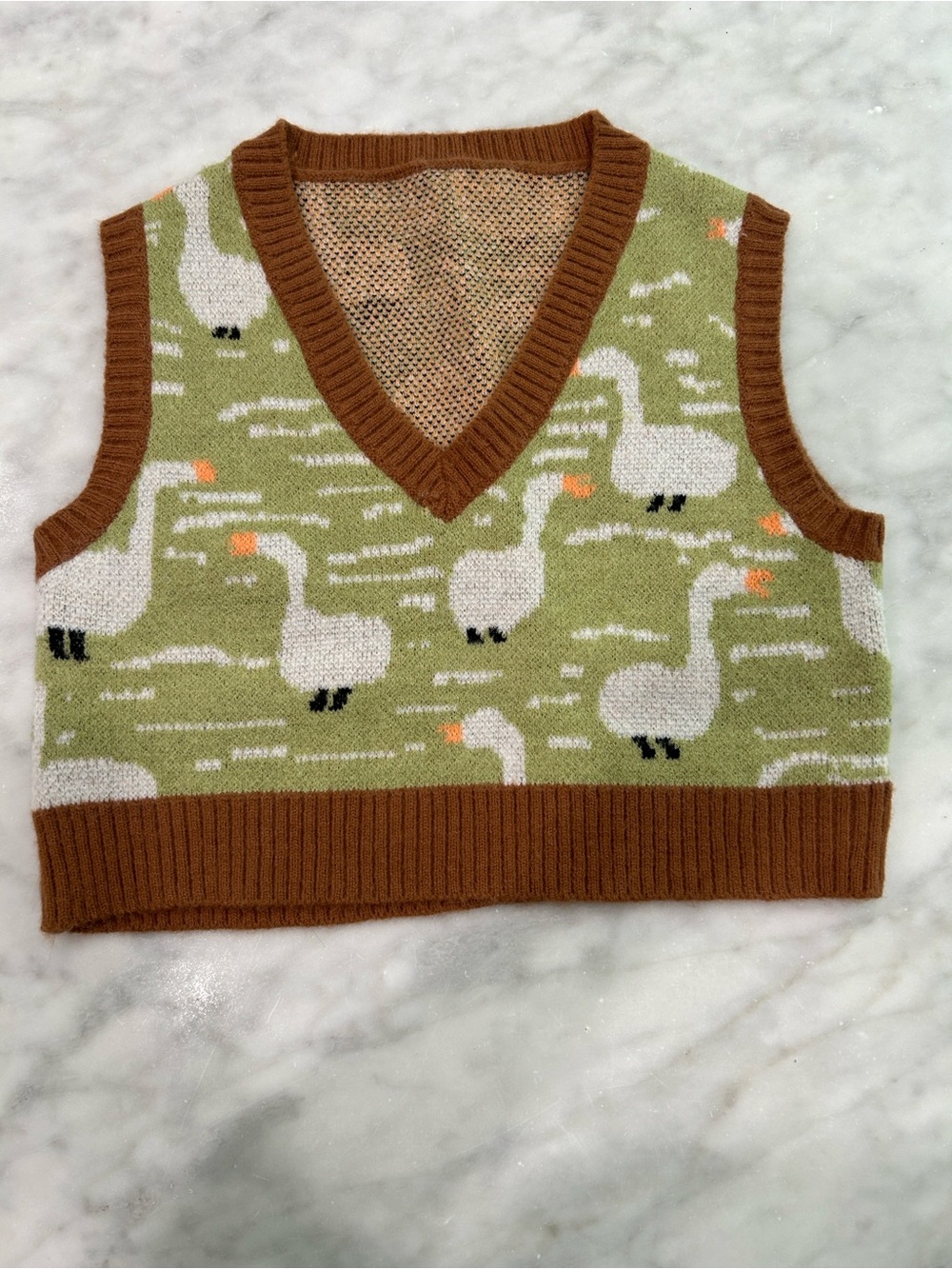 Women’s Goose Pattern Knit Vest in Green and Brown- Cropped